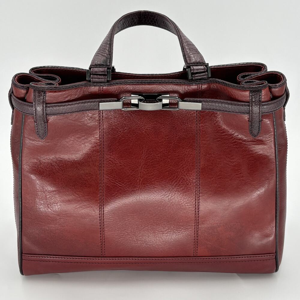Kotur Muses Burgundy Leather Python Trim Convertible Satchel Tote Bag